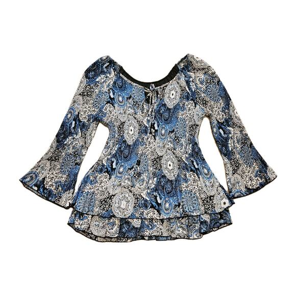 Signature Larry Levine Pleated Floral Blouse Womens PM Blue Y2K Fairy Cottage - Picture 1 of 10